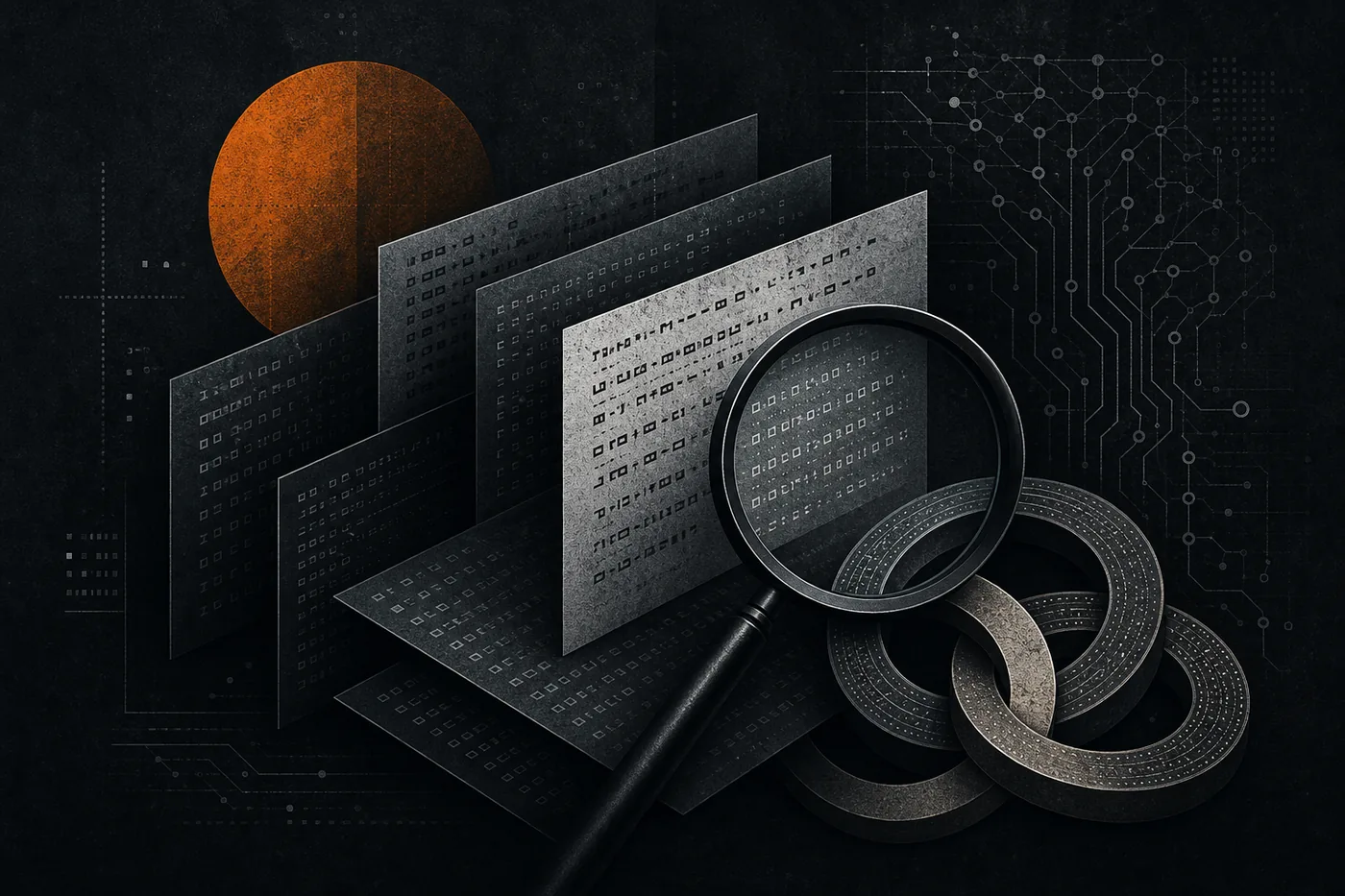 AI-assisterad säkerhetsgranskning av Monero illustrerad med kodlager, förstoringsglas och orange integritetsmotiv