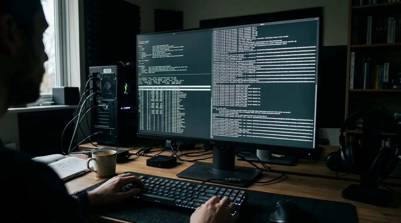 Terminal-gränssnitt med kaskaderande data på stor monitor