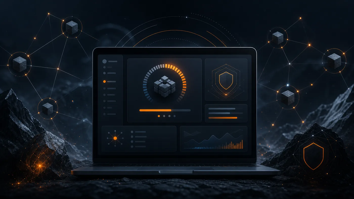 Mörk redaktionell illustration av Monero GUI som plånboksuppdatering med noder och orange accenter