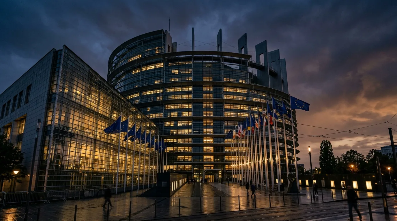 Europaparlamentets byggnad i skymning med EU-flaggor