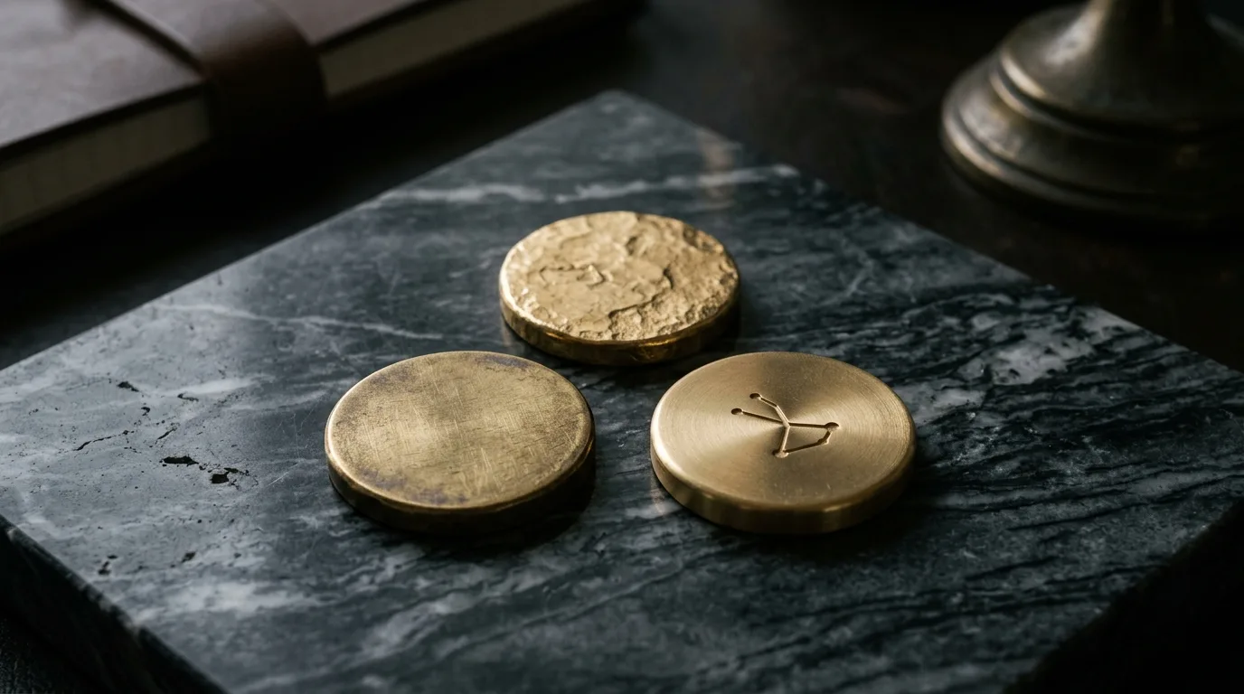 Tre guldfärgade mynt i triangelkomposition på marmor