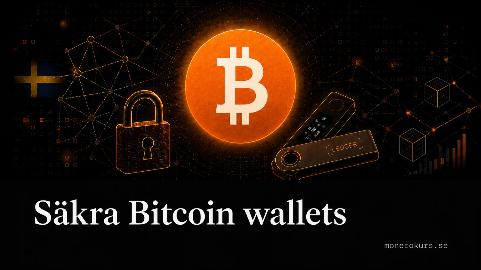 Säkra Bitcoin wallets med hårdvaruplånbok, hänglås och Bitcoin-logga