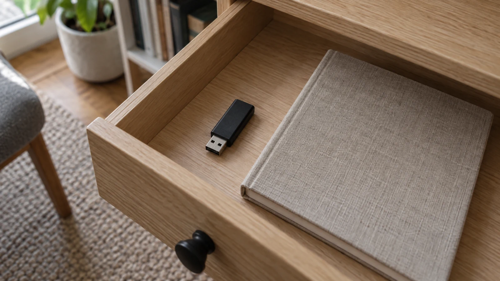 Liten svart USB-sticka ligger bredvid stängd tygklädd anteckningsbok i öppen trälåda