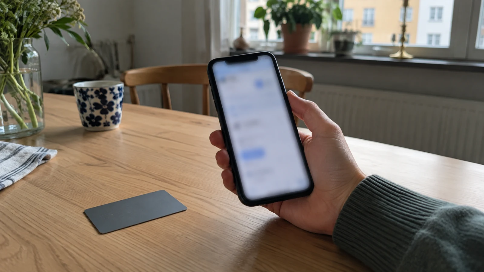 Hand håller oläslig mobil över ljust träbord där ett blankt grått kort ligger