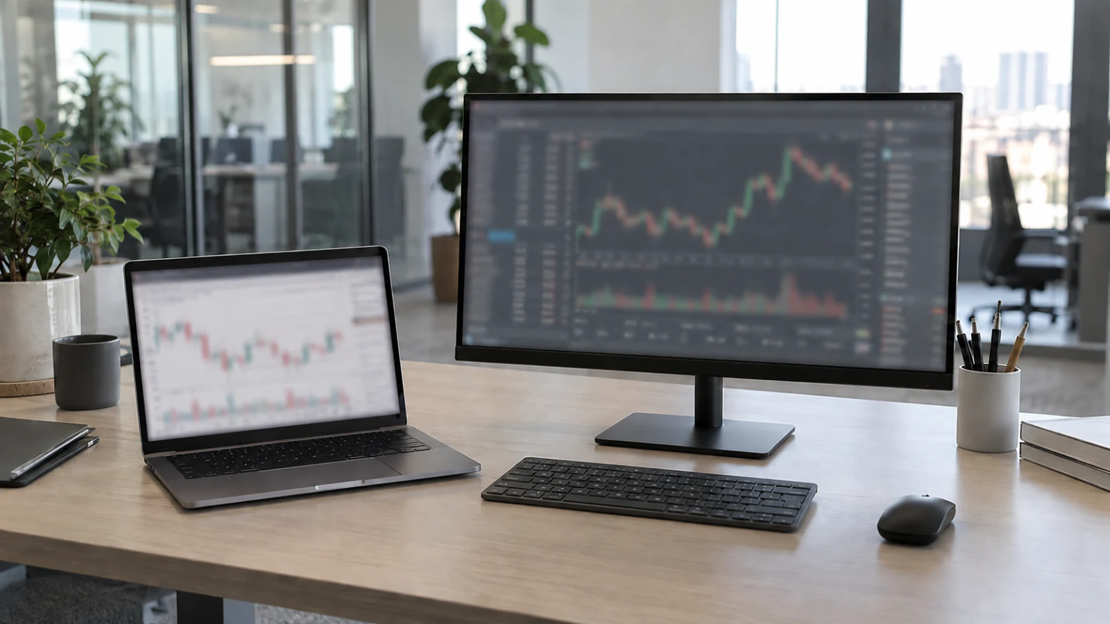 Bärbar dator och bred skärm med suddiga diagram står på ljust skrivbord med tangentbord och mus